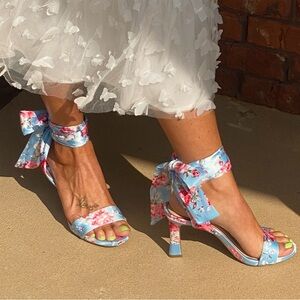 Floral Blue Satin Women's Heels
